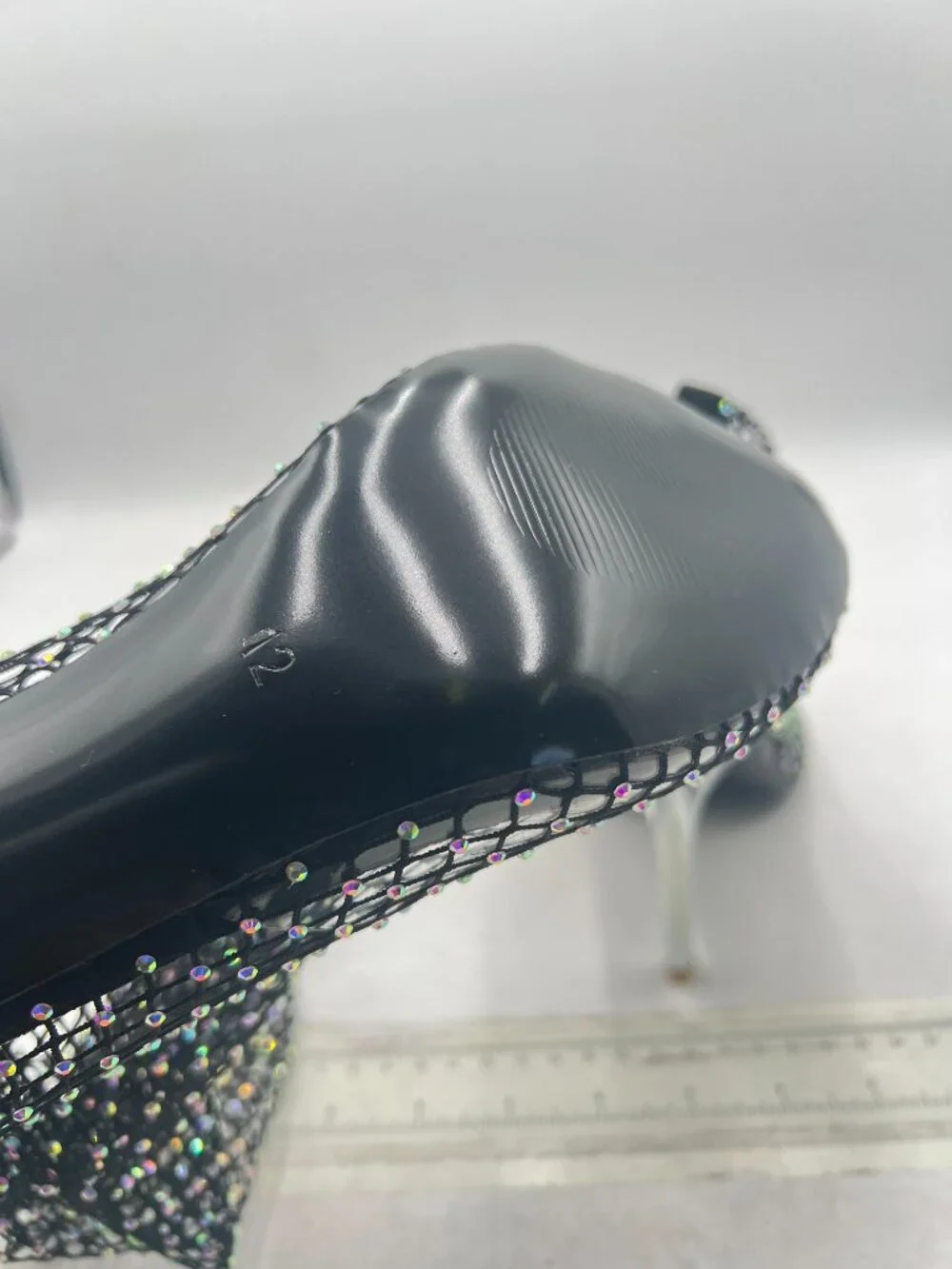 Black Mesh Pointed Toe Stiletto Heel Sexy Rhinestone Thigh-High Boots